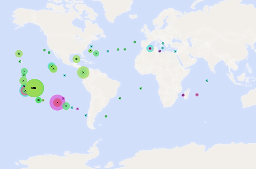 Figure 1. Carte de la répartition biogéographique des séquences partageant les k-mers contenus dans la séquence du gène appelé nifH de l’espèce Pseudodesulfovibrio profundus.© Institut Méditerranéen d'Océanologie (MIO)