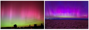 Figure 1 : Images des aurores observées dans la nuit du 10 au 11 mai 2024 en Touraine (gauche, crédits : N. Biver) ou au Mont Ventoux (droite : crédits : K en B photography).