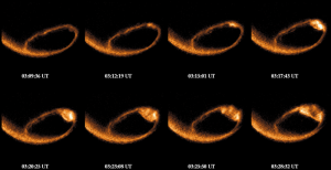 Figure 3 : Un sous-orage auroral photographié par la sonde POLAR le 12 mars 2014. Les aurores, ici observées dans le domaine UV, s’intensifient du côté nuit (en haut à droite) de la magnétosphère. Crédits : NASA.