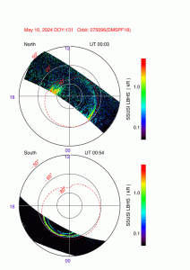 Figure 4 : Animation des aurores boréales (haut) et australes (bas) observées le 10 mai 2024 par les sondes DMSP. La transition entre un ovale fin vers +65° de latitude à un ovale intense, large et atteignant des latitudes <50° est spectaculaire. Crédits : JhuAPL, NOAA.