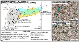 A) Compositions isotopiques (carbone et oxygène) des carbonates du lest d’Ilovik-Paržine-1 et de calcarénites quartzeuses des côtes de l’Adriatique et de la Mer Ionienne. B) Microfaciès de calcarénites quartzeuses du lest et du bassin de Brindisi. © Fournier, F., Léonide, P., Marié, L., Quillevéré, F., Margerel, J.-P., Miholjek, I., Dugonjič, P., Carre, M.-B., Cavassa, L., Morsilli, M., Boetto, G. (2024)