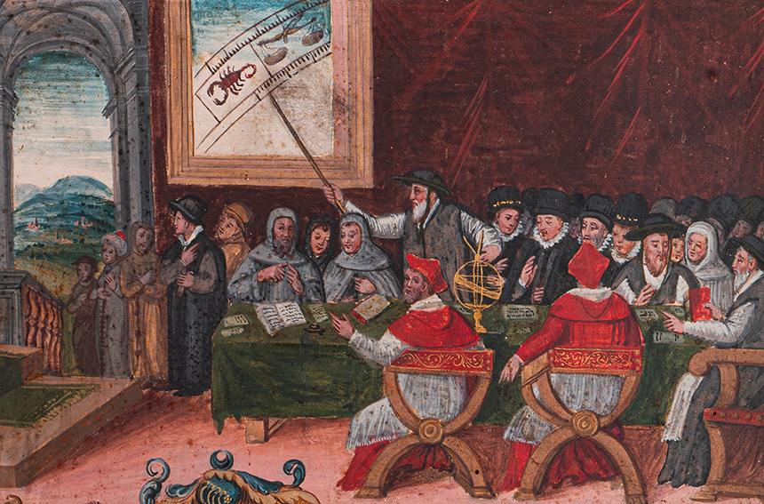 Discussion sur la réforme du calendrier sous le pape Grégoire XIII (1502-85) pour remplacer le calendrier julien (détail), Rome, 15 octobre 1582. Huile sur panneau