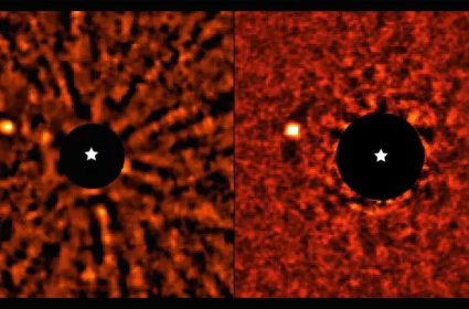 En 2023, l’exoplanète AF Lep b (point brillant à gauche) est vue en imagerie directe par deux équipes.