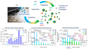 Evolution atmosphérique des émissions véhiculaires : (a) émission des polluants (gaz et particules) ; (b) évaporation de certains composés organiques semi-volatils (COVS) ; (c) produits d’oxydation en phase gazeuse et nouvelles particules ou condensation des composés oxydés sur les particules préexistantes.