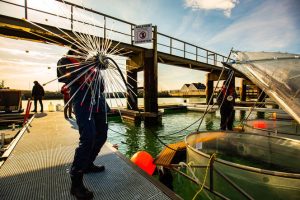 La biologiste Leila Kittu avec une « araignée », un dispositif permettant de répartir uniformément des liquides (en l’occurrence, des solutions alcalines) dans les colonnes d’eau des mésocosmes.
