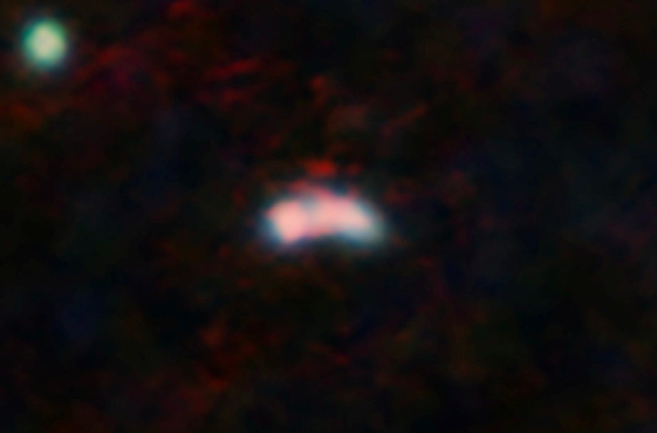La galaxie Y1 et ses environs, observés par la NIRCAM du télescope spatial James Webb (en bleu et vert) et par ALMA (en rouge).