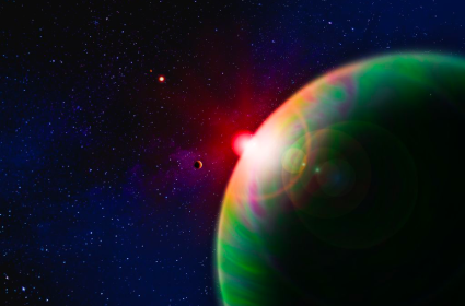 Image d’artiste représentant Gl725Bc orbitant autour de la naine rouge Gl725B. On distingue également la candidate Gl725Bb ainsi que la naine rouge compagne Gl725A plus loin.