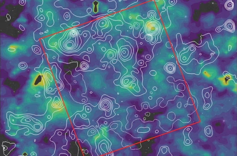 Une nouvelle carte de la matière permet de faire le lien entre les galaxies (en couleur) et la matière noire (contours blancs).