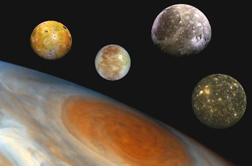 Montage d’images donnant une idée de la taille des 4 plus grandes lunes de Jupiter